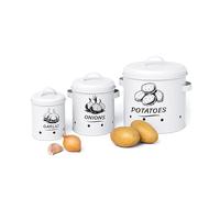 Relaxdays Contenitori Porta Patate Cipolle e Aglio, Set da 3 Barattoli da Cucina, Coperchio e Fori, Metallo, Bianco, Ferro, Acciaio