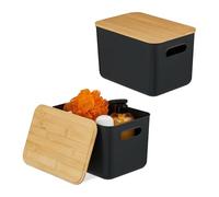 Relaxdays Contenitori portaoggetti, Set 2 pz, con Coperchio, plastica e bambù, con Manici, AxLxP 16x26x17,5 cm, Nero