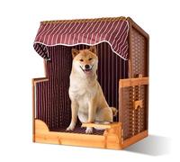 Relaxdays Cuccia per Cani in Rattan con tettuccio, Ciotola Inox, 95x75x65 cm, Giardino/terrazza, Legno Rosso