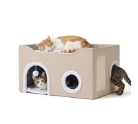 Relaxdays Cuccia per gatti pieghevole, beige, 2 cuscini | H x L x P: 34 x 60 x 40 cm, area graffi, pallina