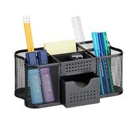 Relaxdays Design a Rete Organizer da Scrivania Ufficio, Scomparti Portapenne e Cassetto Cancelleria, 10x23,5x11,5 cm, Acciaio, Nero