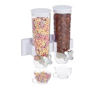 Relaxdays Dispenser Cereali Doppio, Montaggio a Parete, Distributore per Corn Flakes e Dolcetti, in Plastica, Bianco, 1 pz