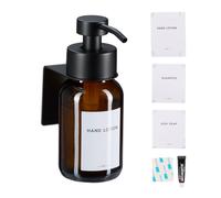 Relaxdays Dispenser sapone da parete Portasapone ricaricabile 250 ml Acciaio/vetro Marrone Nero