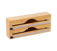 Relaxdays Dispenser per pellicola, 2 rotoli, cassetto, bambù, HxLxP: 14 x 33 x 7 cm, taglierina per cucina.