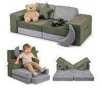 Relaxdays divanetto gioco modulare per bambini, HBT 45x140x65 cm | 10 blocchi, velluto microfibra, grigio-verde