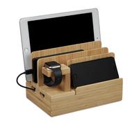 Relaxdays Stazione di Ricarica Multipla, Docking Station per Apple Watch, Tablet e Smartphone, 15x21,5x15 cm, Naturale, bambù