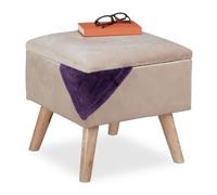 Relaxdays Sgabello Poggiapiedi, Velluto, Gambe in Legno di Eucalipto, Pouf Imbottito, Scomparto, HLP 40x40x40 cm, Crema, 1 pz