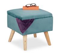 Relaxdays Sgabello Poggiapiedi, Velluto, Gambe in Legno di Eucalipto, Pouf Imbottito, Scomparto, 40x40x40 cm, Turchese