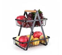 Relaxdays Etagere per Frutta, 2 Livelli, Metallo, Manico in Legno, HxLxP: 34 x 26 x 17 cm, fruttiera Nera