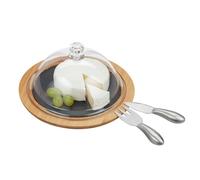 Relaxdays Formaggiera a Campana con Tagliere, Posate in Acciaio, Coltello & Forchetta, bambù, Ardesia, Legno Naturale, 13 x 25 x 25 cm