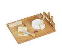 Relaxdays Formaggiera & Posate, Forchetta, Spatola e 2 Coltelli da Formaggi Morbidi & Duri, Bambù, Accio Inox, Naturale