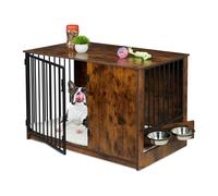 Relaxdays Gabbia per Cani, Mobile con Kennel Integrato 65,5x102x60 cm, Mobiletto Acciaio e MDF, 2 Ciotole, Marrone Nero, 50% Fibra di Legno 20% Inossidabile 30%
