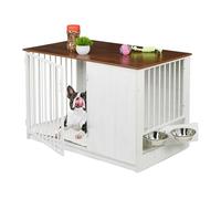 Relaxdays Gabbia per Cani, Mobile con Kennel Integrato 65,5x102x60 cm, Mobiletto Acciaio, MDF, 2 Ciotole, Marrone Bianco