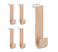 Relaxdays Ganci da Porta, Set 5 Appendiabiti, Legno & Ferro, Porta Accappatoio & Asciugamani, 13x2,5x6, Naturale/Bianco