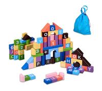 Relaxdays Gioco in Legno per Bambini da 3 Anni, 108 Blocchi da Costruzione Bimbi, Puzzle Lettere, Numeri, Multicolore, Fibra
