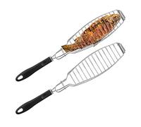 Relaxdays Girarrosto per Pesce, Acciaio Inox, Impugnatura in Gomma, Lunghi 58,5 cm, Cestello per BBQ, Argentato, Set da 2 pz