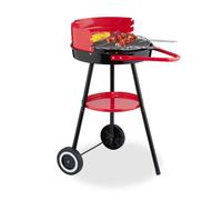 Relaxdays Barbecue a Carbonella con Paravento, Ø 42 cm, Grill a Carbone da Esterno, 2 Ruote e Portautensili, Nero Rosso, Plastica, Acciaio