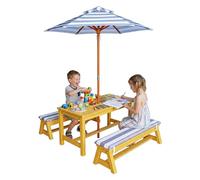 Relaxdays Gruppo di seggiolino per bambini, per esterni, panca da picnic da giardino, con ombrellone e cuscino, in legno, per bambini, colore naturale