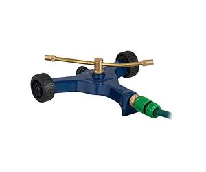 Relaxdays Irrigatore da Giardino con Ruote, 2 Bracci Rotanti, Getto di 4-5 m, Ugelli Regolabili, Attacco 3/4'', Blu Oro, Metallo, 10 x 27,5 x 26 cm