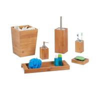 Relaxdays, Legno Naturale Kit Bagno Sapone, bambù, Dosatore, Cestino, Porta-Scopino, Ripiano, Portaspazzolino, Acciaio Inox, Set da 6 pz