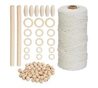 Relaxdays Kit con Filo macramè, Corda in Cotone 3mm, Spago 109m, Perline e Anelli di Legno, Fai da Te, Bianco Naturale
