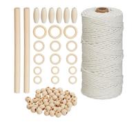 Relaxdays Kit con Filo macramè, Corda in Cotone 3mm, Spago 109m, Perline e Anelli di Legno, Fai da Te, Bianco Naturale