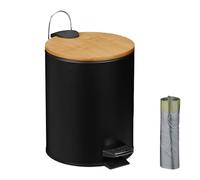 Relaxdays Kosmetikeimer 5 Liter Pattumiera da Bagno da 5 l, con Sistema di abbassamento Automatico, Secchio Interno Rimovibile, in Metallo, bambù, Colore Nero, 20% 10% plastica 70% Ferro