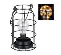 Relaxdays Lampada da Tavolo Vintage, in Gabbia con Lampadina LED, Luce Bianca Calda, A Batteria, Stile Industrial, Nera