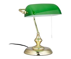 Relaxdays Lampada da Scrivania con Interruttore a Catena, Verde, Base Rotonda, Vintage, Vetro HLP 31x22,5x18,5cm, ottone