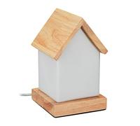 Relaxdays Lampada da Scrivania, Forma Casa, Segnalibro, E27, Base in Legno, Vetro Opalino, 20x12x12 cm, Bianco/Naturale, 1 pz