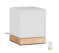 Relaxdays Lampada da Tavolo a Dado, per Soggiorno e Camera, Legno e Vetro Opalino, E14, 15x12x12 cm, Bianco/Naturale