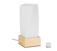 Relaxdays Lampada da Tavolo a Prisma, per Soggiorno e Camera, Legno e Vetro Opalino, E14, 24x10x10 cm, Bianco/Naturale