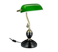 Relaxdays Lampada da Tavolo Vintage, Paralume Inclinabile in Vetro, Base in Legno, E27, Scrivania Banchiere, Verde Nero