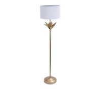 Relaxdays Lampada da terra, base foglia palma, paralume tessuto, portalampada E27, soggiorno/camera da letto, bianco/oro