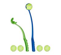 Relaxdays Lancia Palla per Cani, Set da 2 Giocattolo Ball Launcher per Animali Domestici, 5 Palline da Tennis, Blu Verde