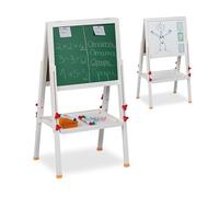 Relaxdays Lavagna per Bambini, Cavalletto, Lavagnetta Magnetica e Ardesia con Gessetti, HLP: 81-104 x 45 x 42 cm, Bianca, Fibra di Legno