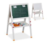 Relaxdays Lavagna per Bambini, Cavalletto, Lavagnetta Magnetica e Ardesia con Gessetti, HLP 77x39x44,5 cm, Bianca Nera, Legno