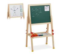 Relaxdays Lavagnetta per Bambini, Regolabile in Altezza & Magnetica in Legno, con Gesso, 81-104x45x42 cm, Legno Naturale