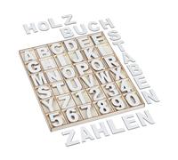 Relaxdays Lettere e Numeri in Legno, Set da 144, Letterine Maiuscole da A-Z, Cifre 0-9, H: 5 cm, per Bricolage, Bianco