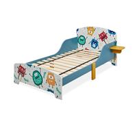 Relaxdays Letto per Bambini, Sponde Anticaduta, Rete a Doghe Rigide con Motivo Mostri, HLP 60 x 94 x 143 cm, Bianco Blu, Fibra di Legno