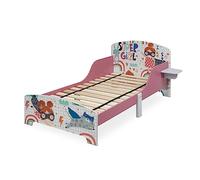 Relaxdays Letto per Bambini, Sponde Anticaduta, Rete a Doghe Rigide con Motivo Eroina, HLP 60 x 94 x 143 cm, Bianco Rosa, Fibra di Legno