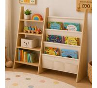 Relaxdays Libreria per bambini, bianco/naturale | 5 tasche in tessuto e 4 ripiani aperti, duo, 75x92,5x23 cm, MDF