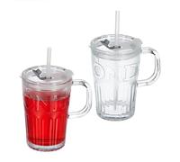 Relaxdays Lot de 2 verres avec ANSE Set da 2 Tazze per Bevande, Bicchieri in Vetro per Frullati, Coperchio Cannuccia e Manico, 450 ml, Trasparente, 13 x 13 x 8.5 cm