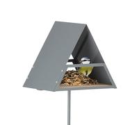 Relaxdays Mangiatoia per Uccelli, Casetta con Palo a Terra, Casa per Mangime da Esterno, 121x25,5x19,5 cm, Grigio Beige, Ferro