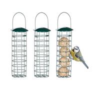 Relaxdays Mangiatoia per Uccelli Selvatici, 3 Dispenser da Appendere per Mangime, Coperchio, HxD 31x8,5 cm, Verde Scuro, Ferro