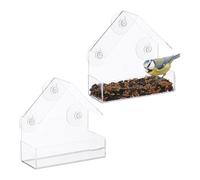 Relaxdays Mangiatoia per Uccelli Selvatici, Set 2 Casette Semi per Volatili con 3 Ventose, HLP: 15x15x7 cm, Trasparente