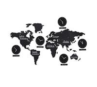 Relaxdays Mapa Mundi de Madera con 5 relojes Orologio Mappamondo da Parete in Legno, 5 Orari, 10 Città, Modello Cartina 3D, HxL: 61 x 113cm, Nero, Fibra