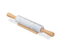 Relaxdays Mattarello in Marmo, Manici in Legno, Pesante, Piatti al Forno & in Padella, con Sostegno, 48 cm, Bianco