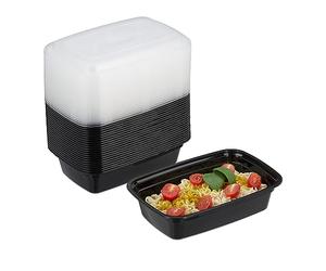 Relaxdays Meal Prep Contenitori, Set da 24 Lunch Box, Scatola Riutilizzabile con Coperchio, per Cibo al Microonde, Nero