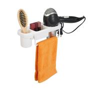 Relaxdays Porta Asciugacapelli da Parete, Adesivo, in Plastica, Gancio per Cavo e Portaoggetti, HLP 9x30x10,5 cm, Bianco